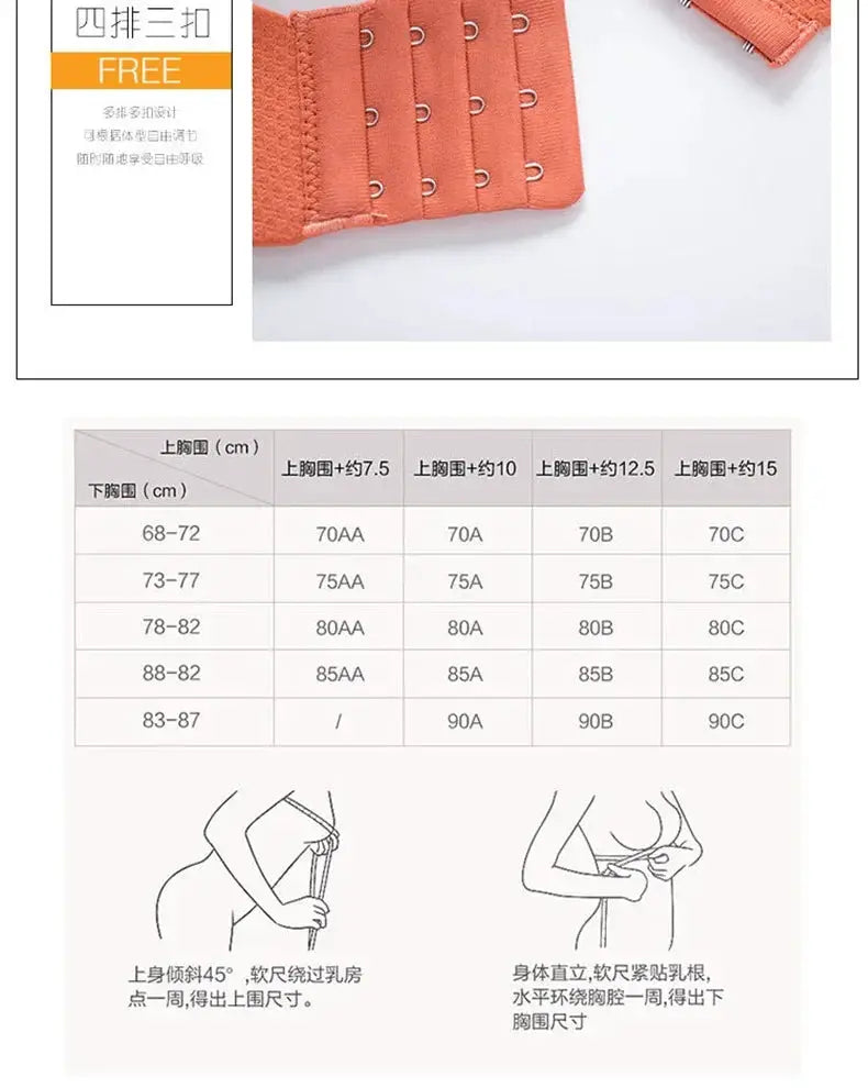 Orange wireless push-up bra with soft fabric and adjustable deep-V cups, shown with size chart.