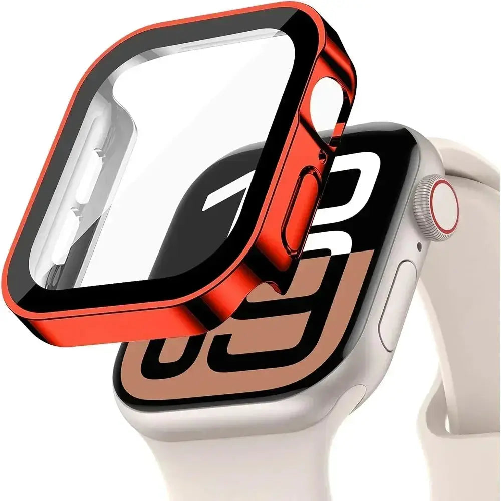 Apple Watch red bumper with clear tempered glass screen protector by Simples Market, fits 40-46mm