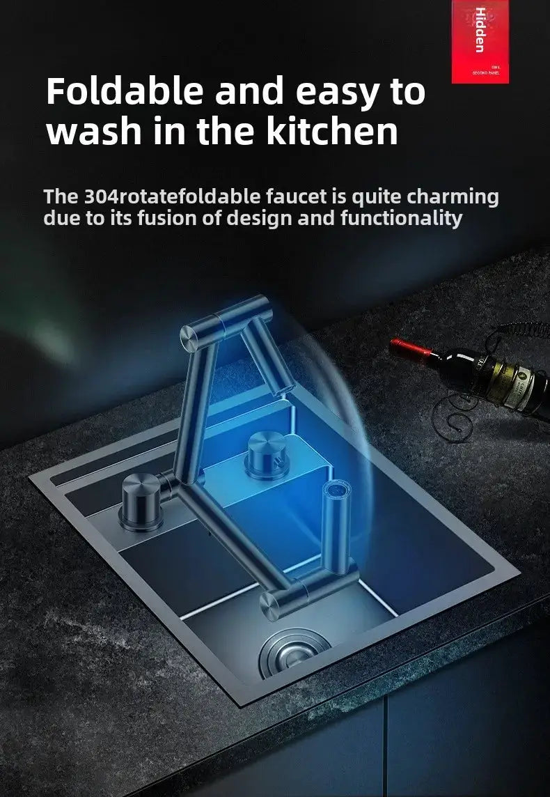 Bar sink by Simples Market, 304 stainless steel with foldable hidden cup washer faucet and lid