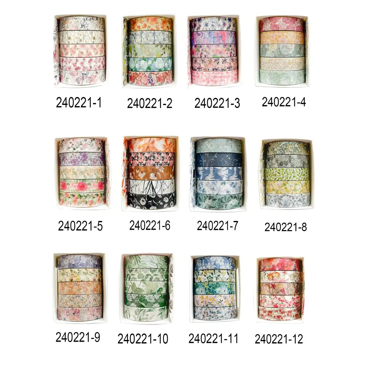 Simples Market 12-box set of 5-roll floral washi tape with romantic flower designs
