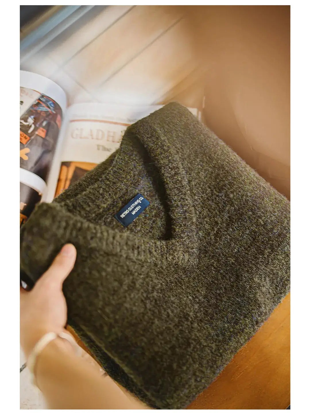 Maden retro wool-blend knitted V-neck vest for men, dark olive green with textured fabric for layering
