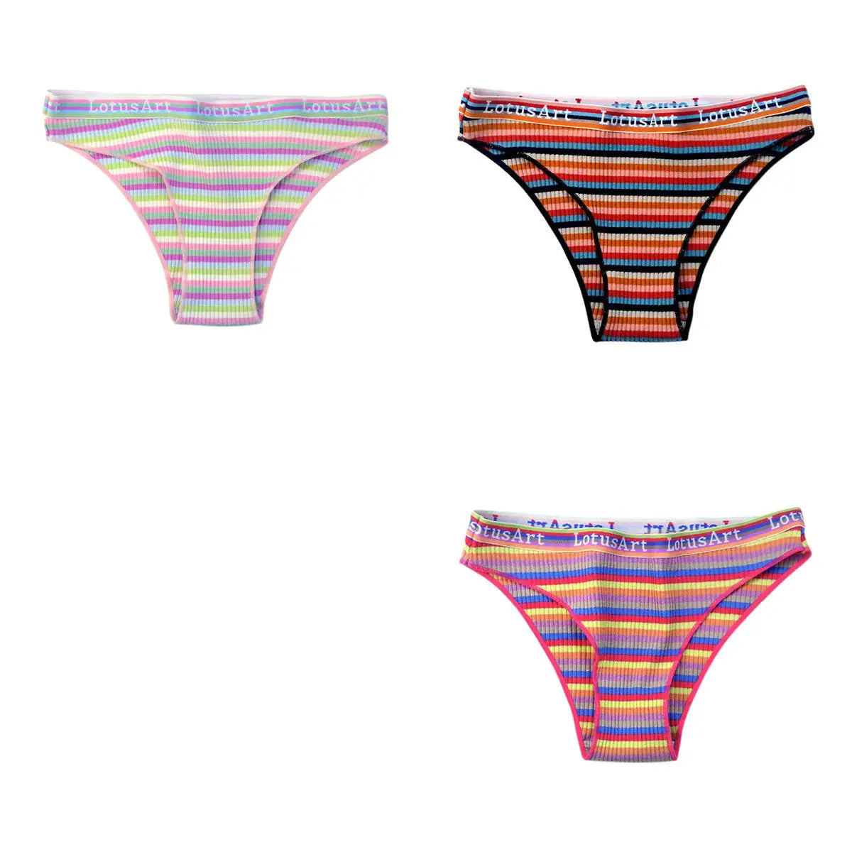 3-pack cotton panties for women; LotusArt striped low-rise briefs, breathable and colorful with pastel and bright stripes, sizes M–XXL