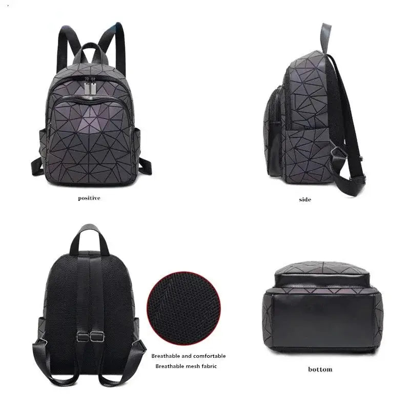 Simples Market luminous holographic backpack with geometric PVC pattern; front, side, back and bottom views.