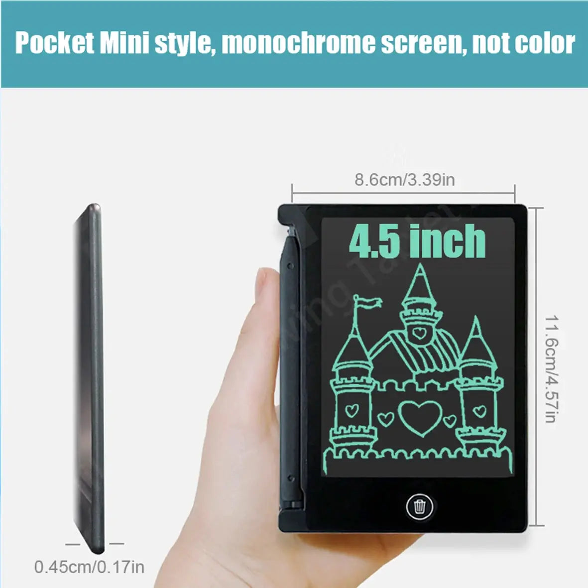 Simples Market 4.5 inch LCD drawing tablet for kids; pocket mini monochrome screen in black frame displaying castle doodle