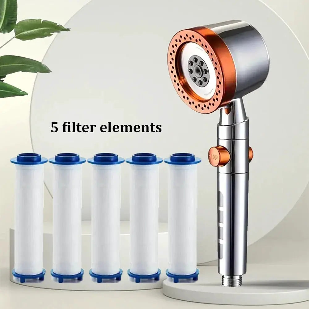 Handheld shower head with five filter elements; chrome body with orange ring and replaceable cartridges