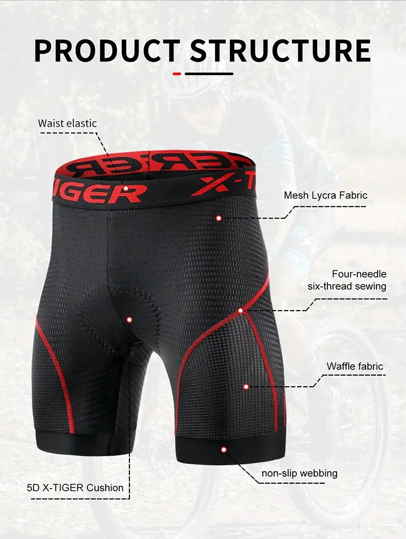 X-TIGER cycling shorts, Simples Market, black with red waistband, 5D padded, breathable waffle fabric
