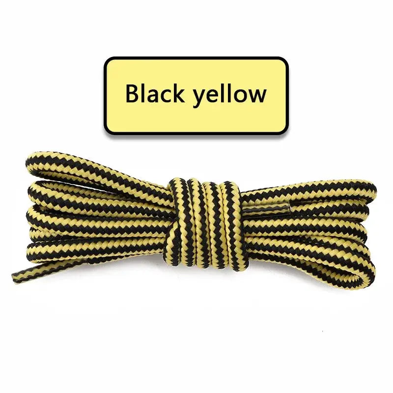 Round cotton shoelaces, black and yellow striped, ideal for outdoor boots and sneakers, 1 pair