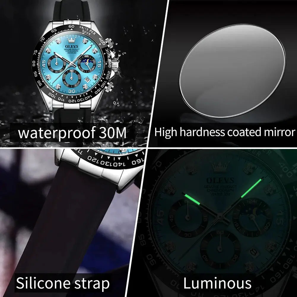 OLEVS chronograph watch for men with silicone strap and blue dial, luminous hands, water resistant 30m