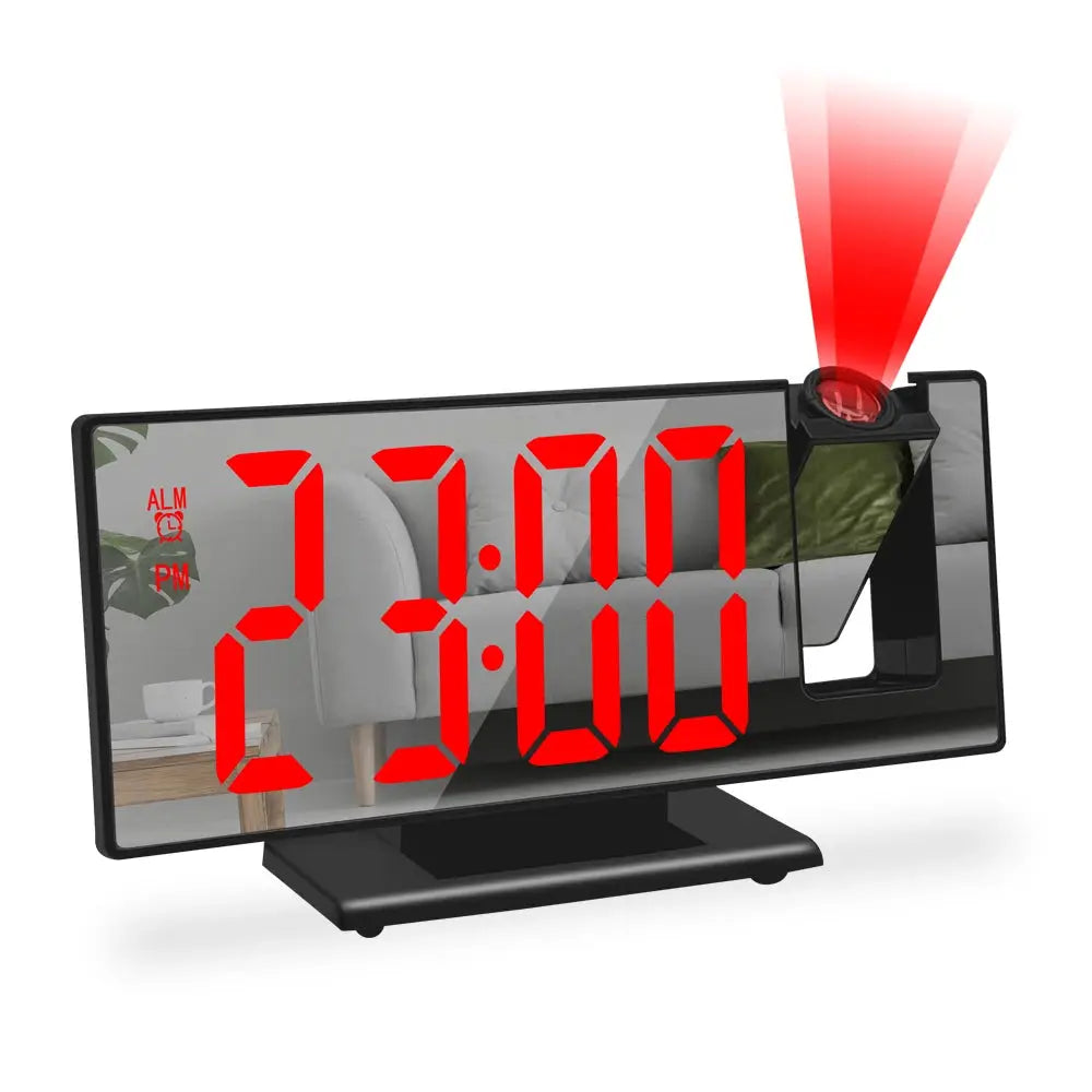 USB powered digital alarm clock with large red LED digits and 180° adjustable projection lamp on top