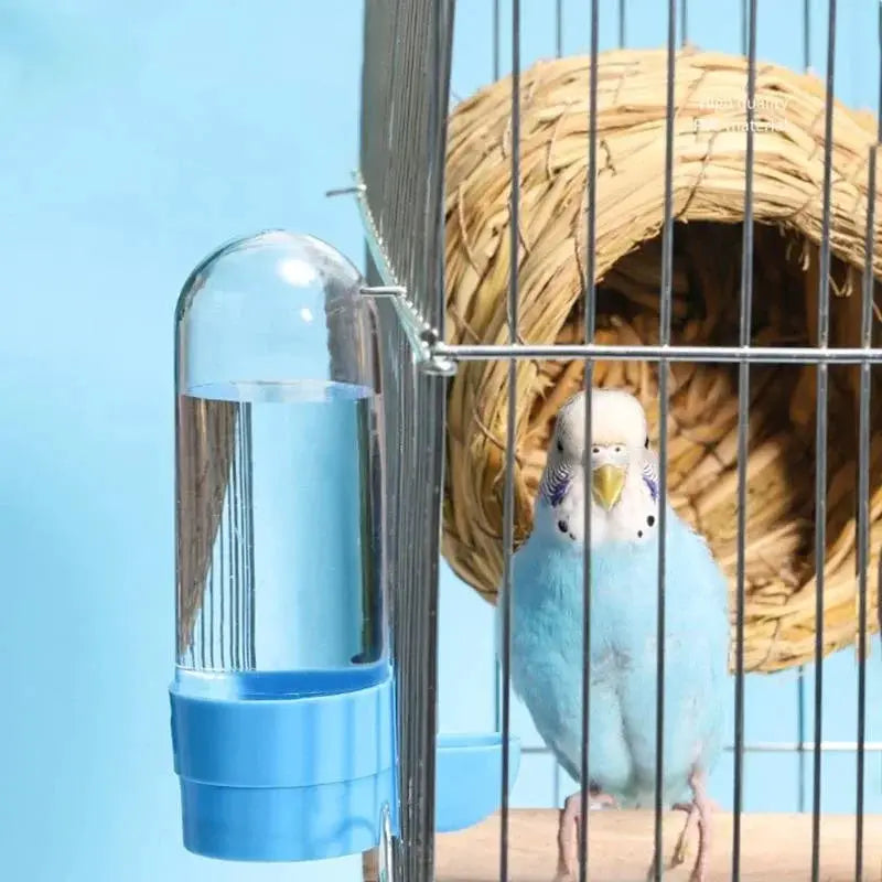 Hanging bird water dispenser by Simples Market, blue plastic with clear reservoir attached to a metal cage.