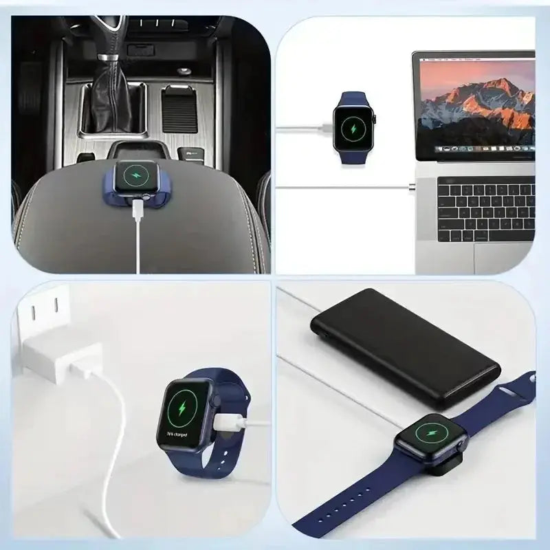 Portable wireless Apple Watch charger with Type-C 8-pin dual interface; blue-strap smartwatch shown charging