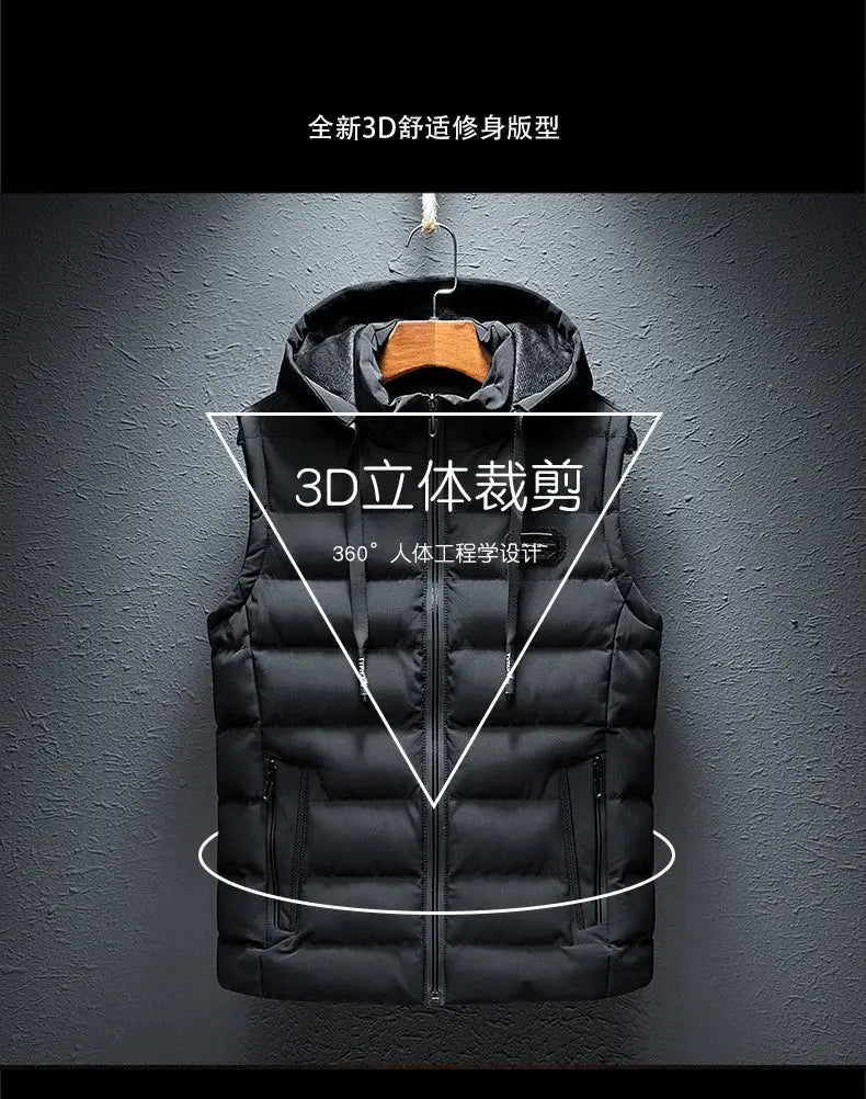 Hooded men's black puffer vest jacket, sleeveless with front zipper, warm plus size M-6XL