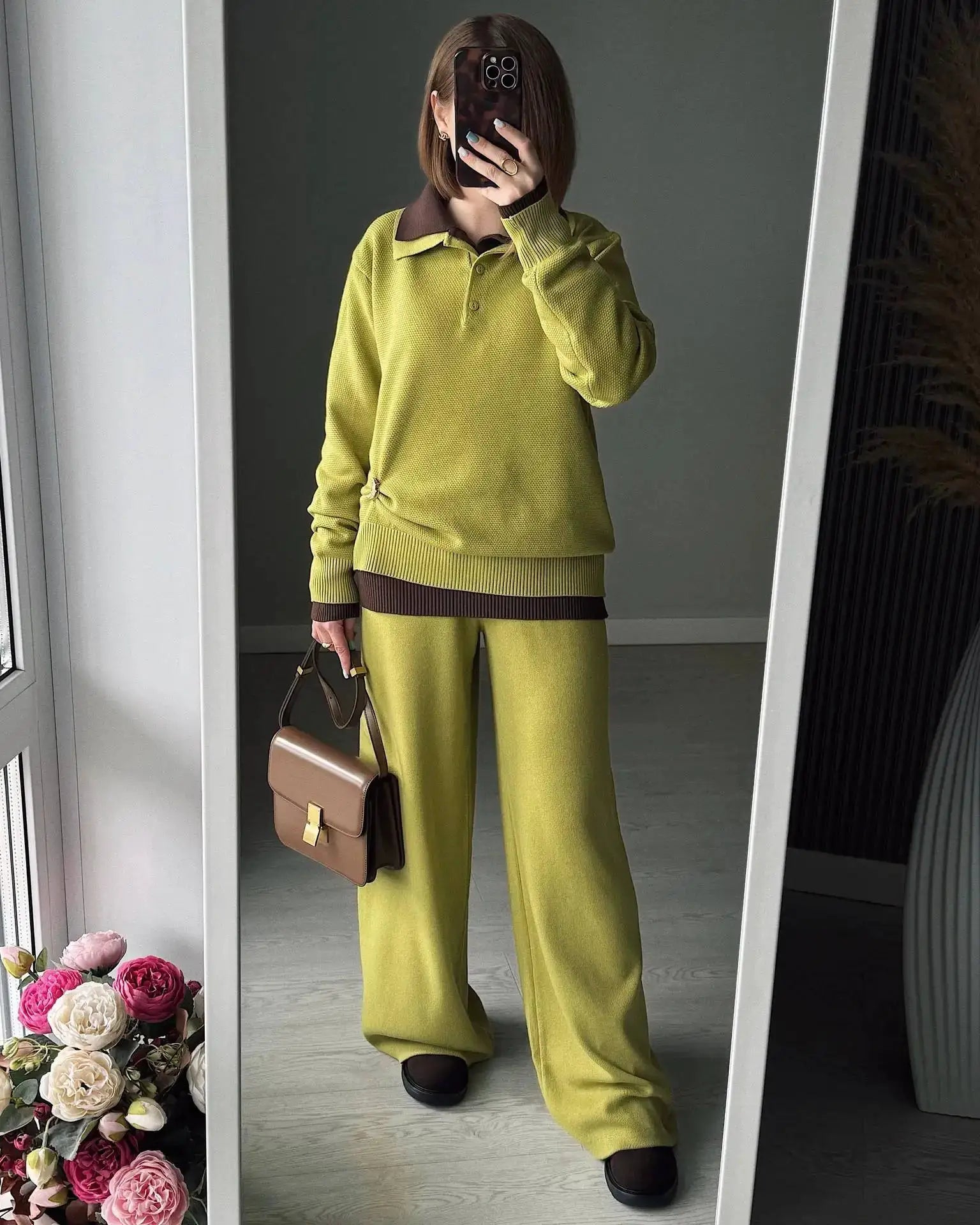 Hirsionsan Winter Women Knitted Set Polo Neck Sweater Wide Leg Pants