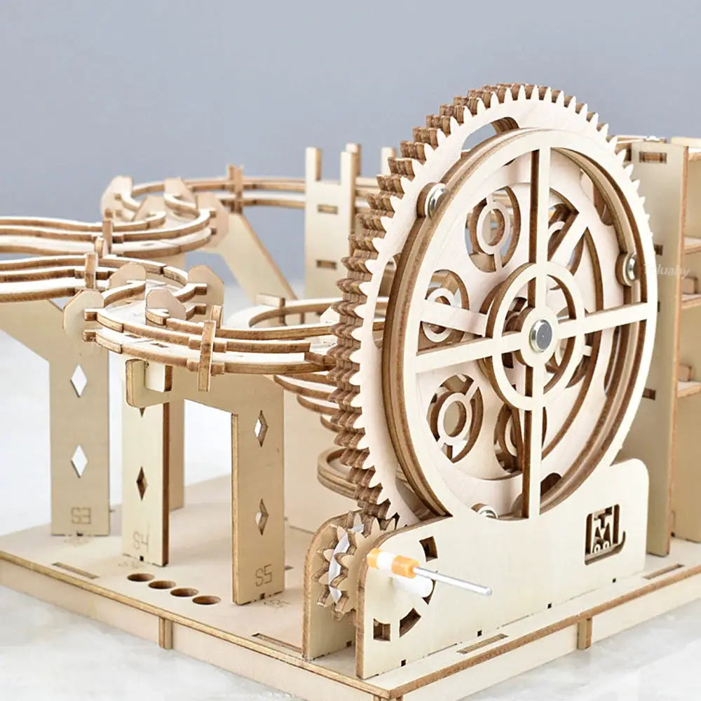 3D Wooden Puzzle Mechanical Model Building Kit Marble Run Set With 4 Balls For Adults And Kids Gift