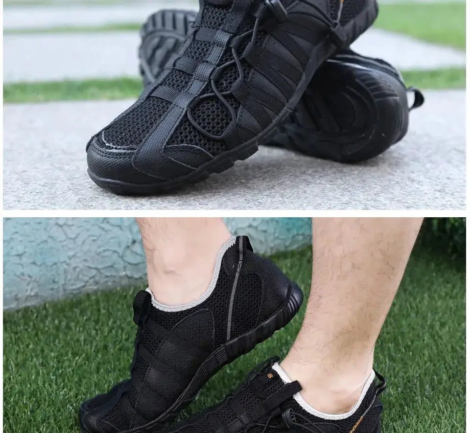 BONA black men's running shoes with lace-up design, mesh upper and rugged outsole shown in close-up and worn outdoors.