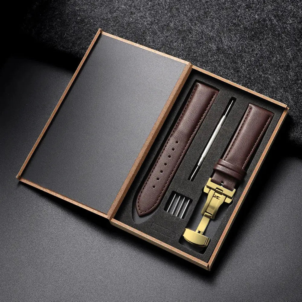 Genuine Leather Watchband 14 16 18 20 22 24mm With Automatic Butterfly Buckle For Men And Women Gift Box