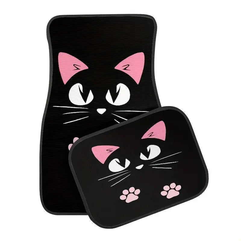 Car floor mats set, black with a cute pink-eyed cartoon cat face and paw prints; anti-skid, for front and rear seats (2 pieces).