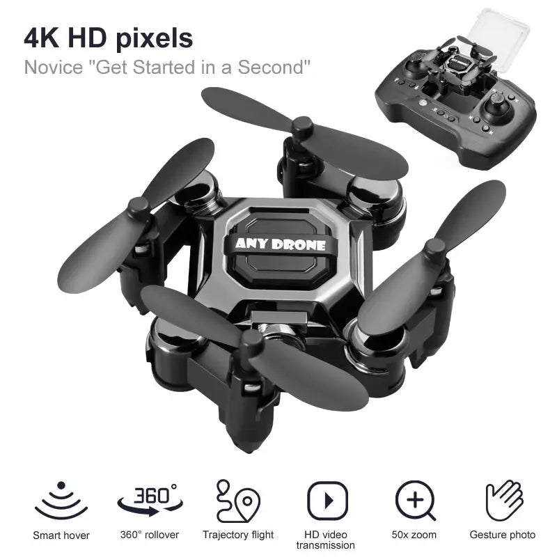K04 mini folding quadcopter drone with remote controller, 4K HD video, black/silver with ANY DRONE logo