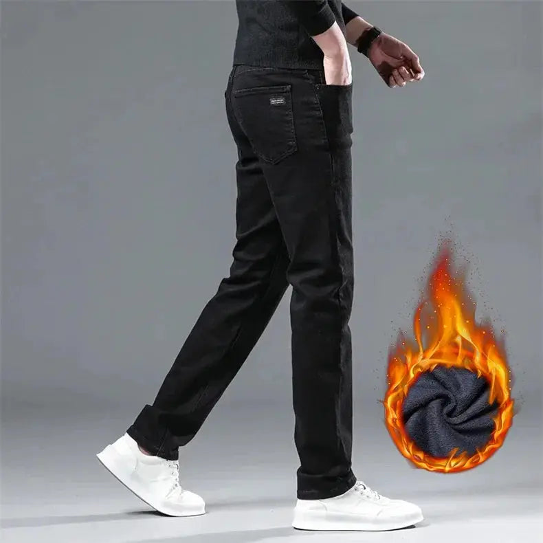 Simples Market men's black straight-leg denim pants with warm fleece lining for winter