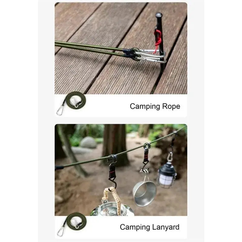 Simples Market camping rope and lanyard set, 2 items, green elastic bungee cord with metal carabiner hooks.