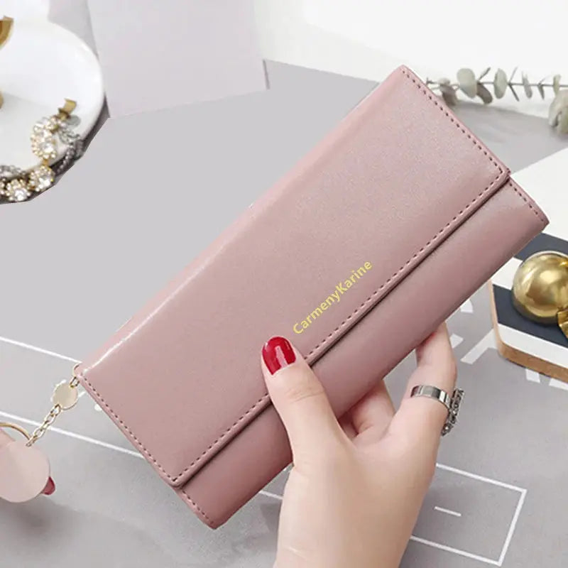 Long wallet clutch in pink PU leather with card slots CarmenYKarine