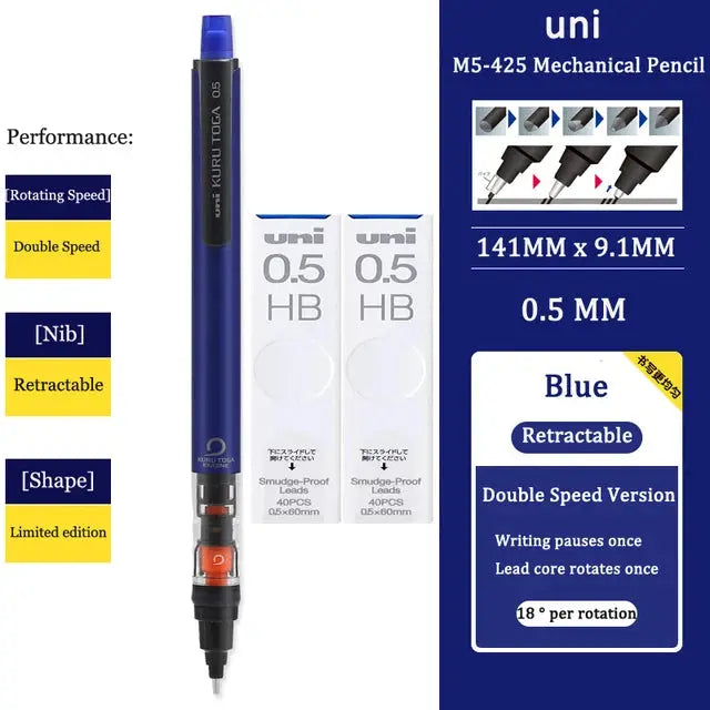 UNI Kurutoga blue mechanical pencil M5-452 with 0.5mm lead, retractable and rotating, shown with two 0.5 HB lead boxes.
