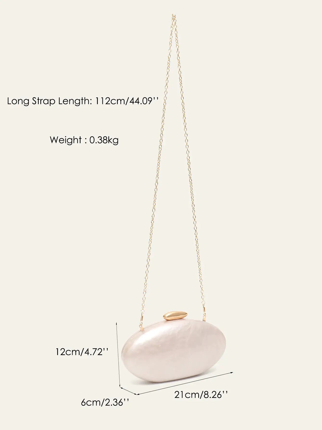 Women's evening clutch bag in pink acrylic, oval shape with a long gold chain; fits phone.