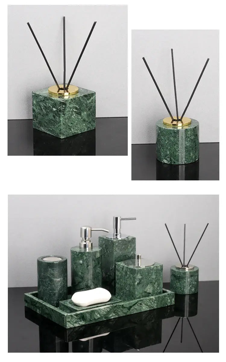Indian green marble bathroom set by Simples Market with soap dispenser, soap dish, toothbrush holder and tissue box