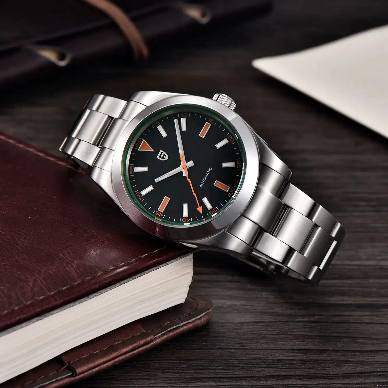 PAGANI DESIGN men's stainless steel wristwatch with black dial, orange markers, and a green bezel ring
