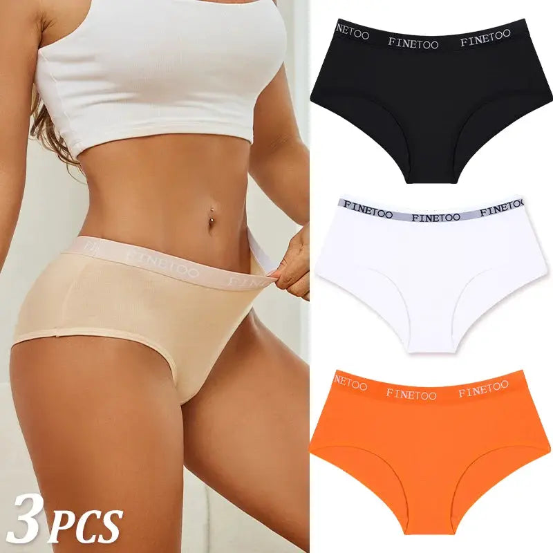 Three-pack women's cotton briefs with FINETOO waistband; black, white, and orange.