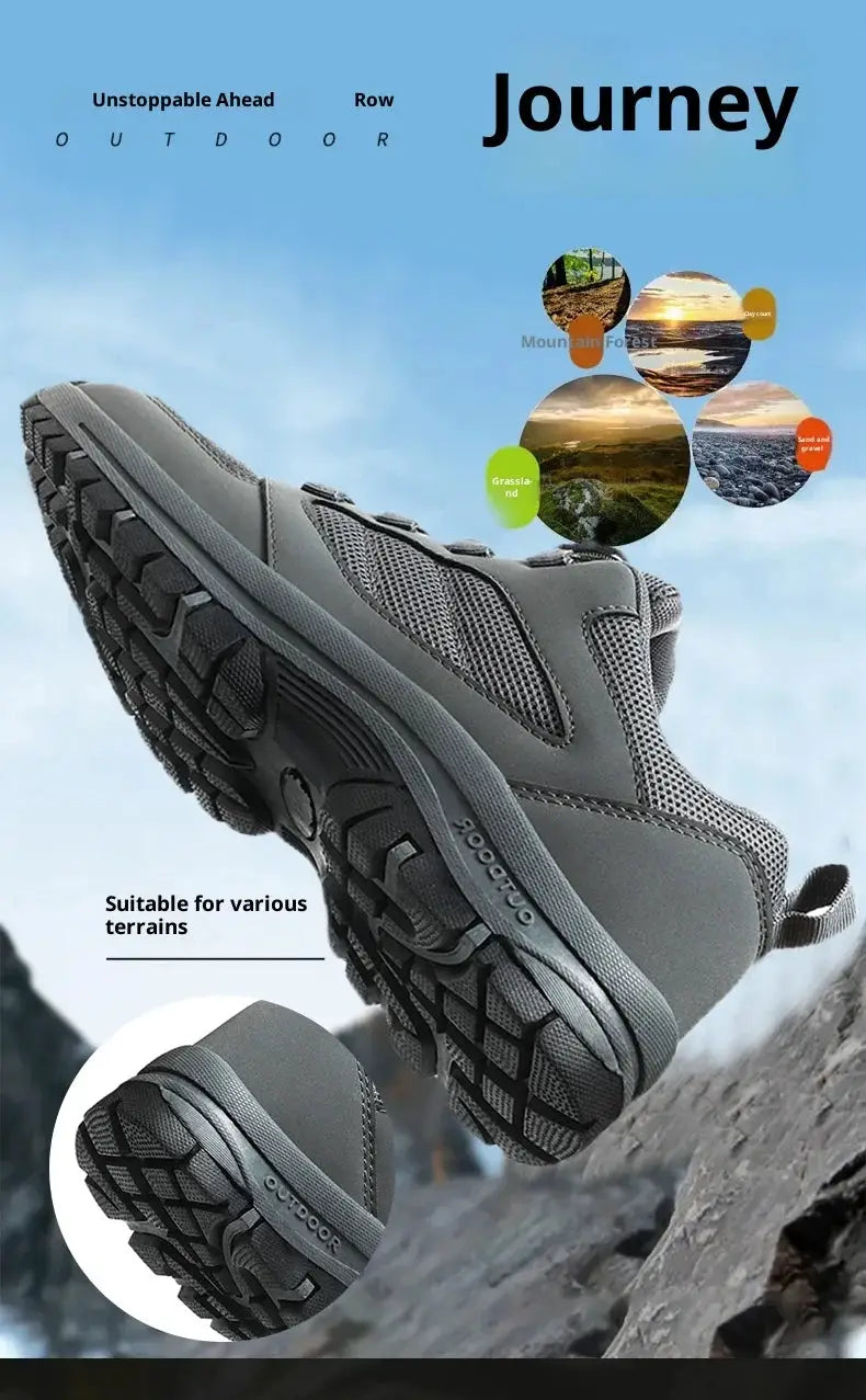 Men's outdoor hiking shoes in gray mesh with a rugged anti-slip outsole, suitable for various terrains, sizes 39-48