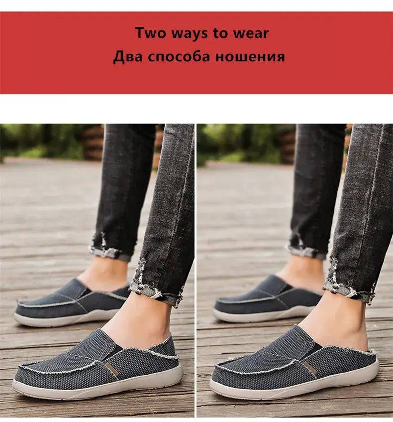 Men's canvas slip-on loafers in gray with white sole, lightweight casual footwear