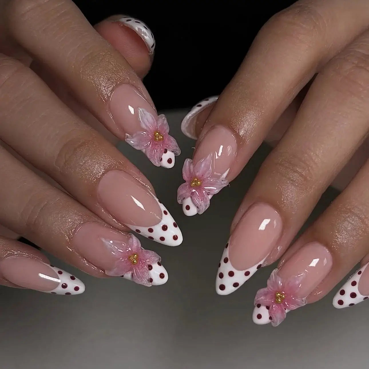 GlamNail Pink Almond Press On Nails Full Coverage Carved Flower 3D Ripple French Tips Golden Pearl Finish