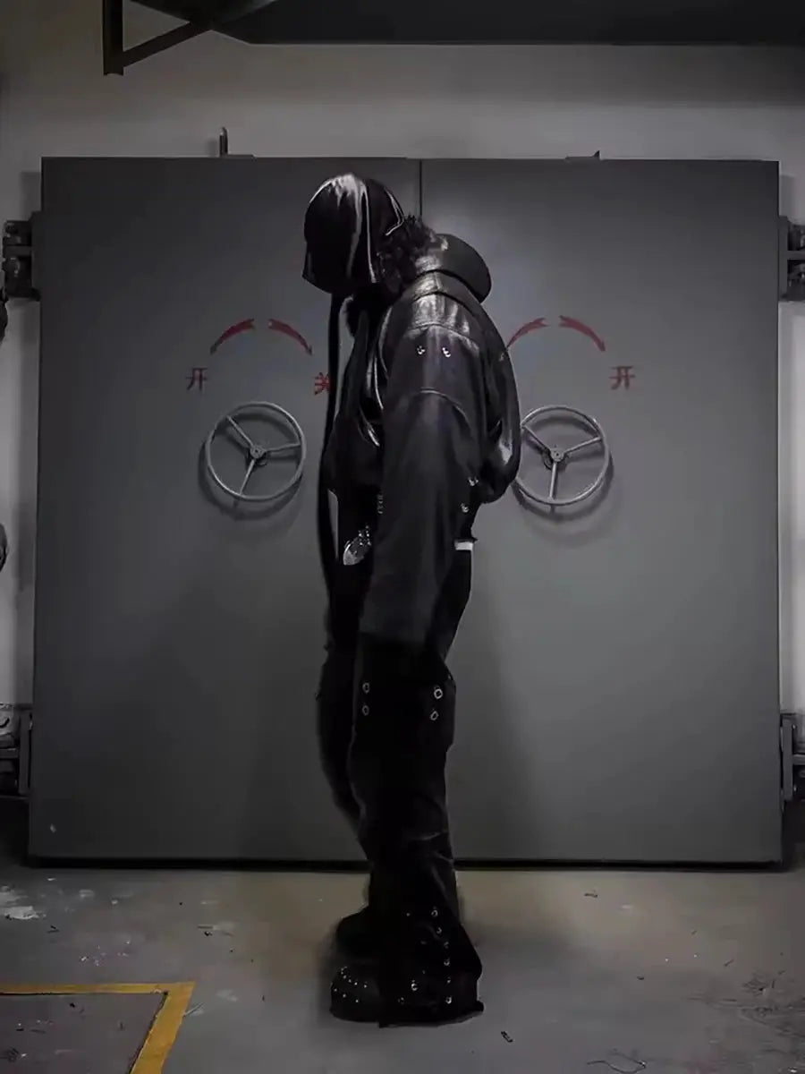 Mauroicardi men's oversized black PU leather jacket with faux fur hood.