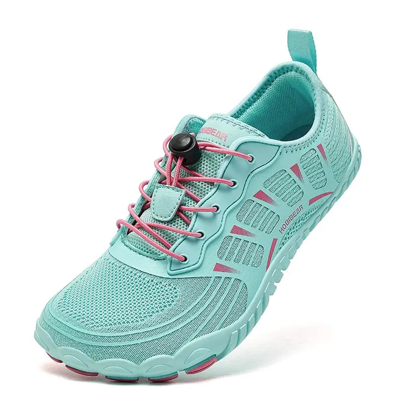 HOBIBEAR turquoise mesh barefoot sneakers with pink laces