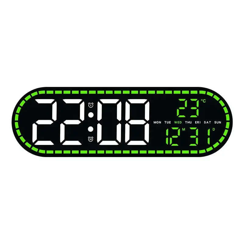 Digital LED wall clock by Simples Market; black body with green digits, shows time, 23°C, date and weekday, two alarms.