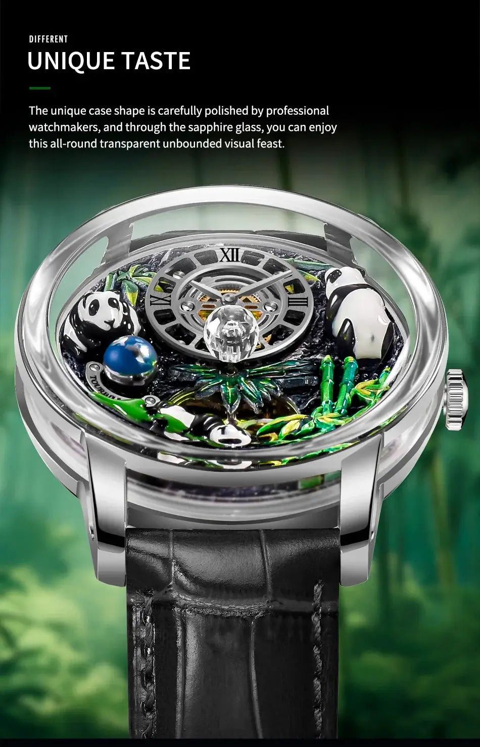 PINDU Panda Series men's mechanical watch with rotating crystal ball, 45.5mm, silver case, black leather strap
