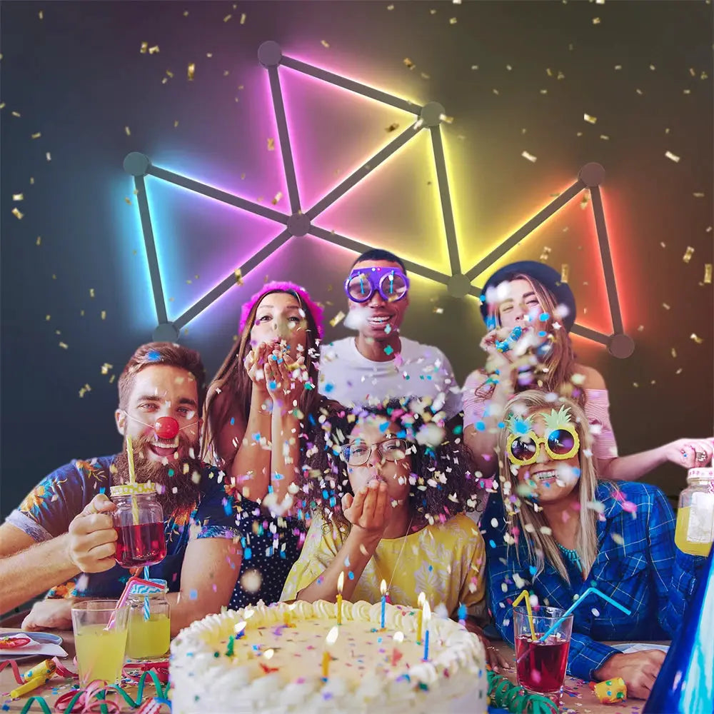 Splicing Light RGB smart wall lamp with colorful geometric LED panels on a party wall