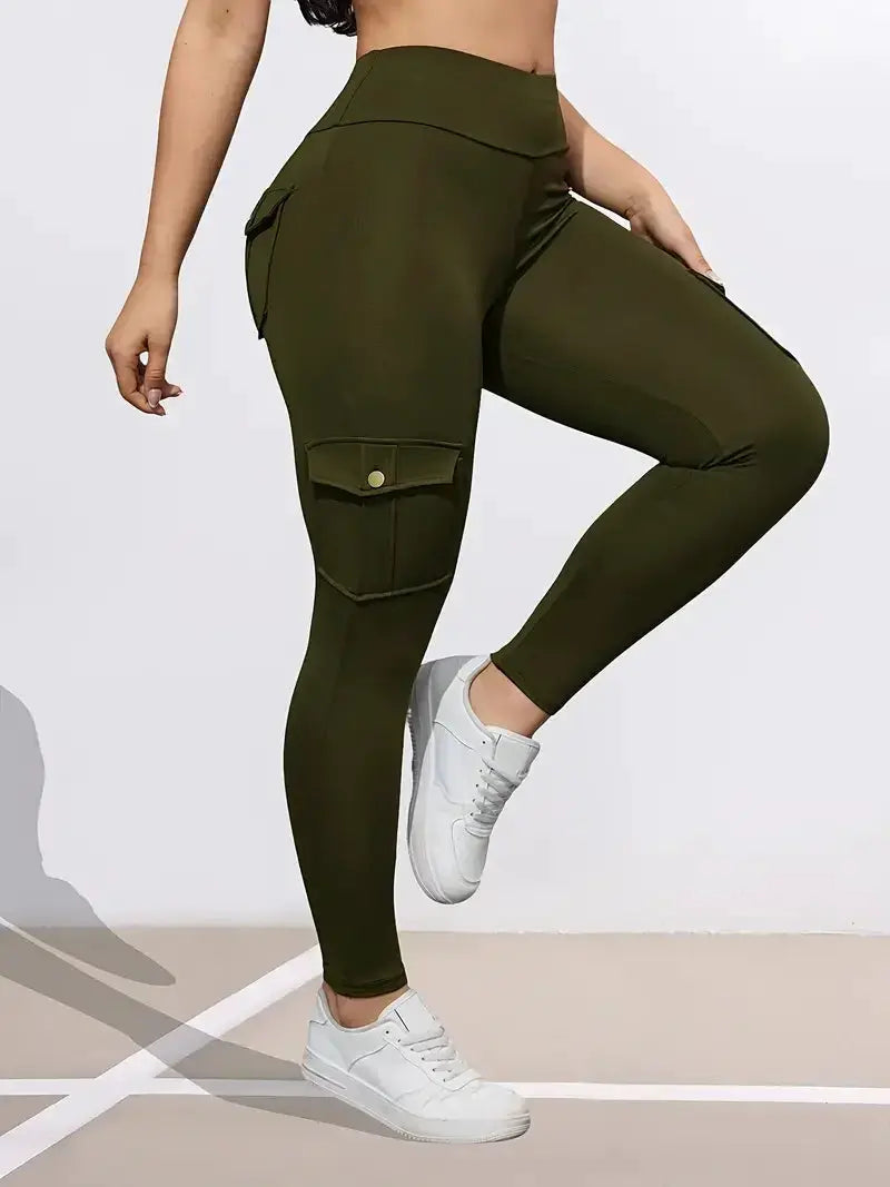 Olive green women's leggings with cargo thigh pocket, high-waisted butt-lifting athletic tights