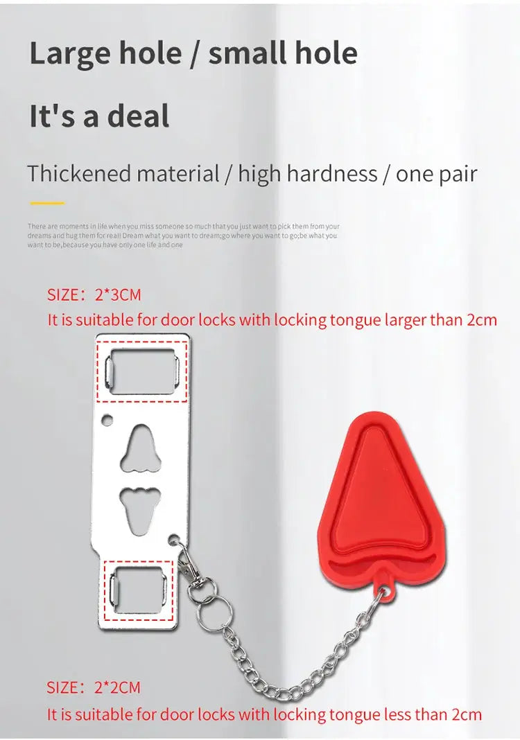 Security Portable Door Lock Latch by Simples Market; red triangular lock adapter with chain and metal mounting plate