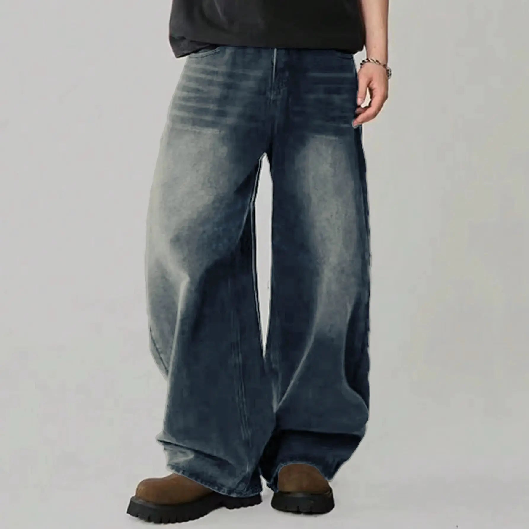 Simples Market Four Season men's jeans, blue faded wash, baggy wide-leg denim pants