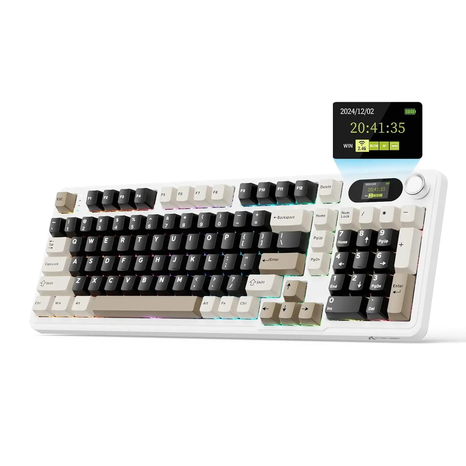 Attack Shark X98Pro wireless mechanical keyboard with screen and knob, tri-mode RGB, white keycaps.