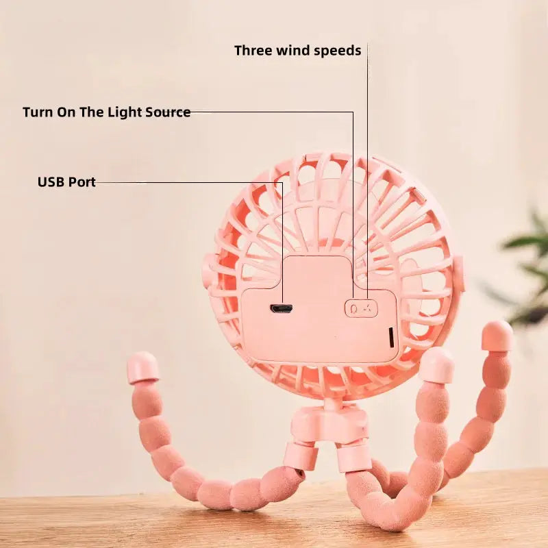 Portable USB Rechargeable Mini Fan For Baby Stroller Octopus Flexible Arm Multi Functional