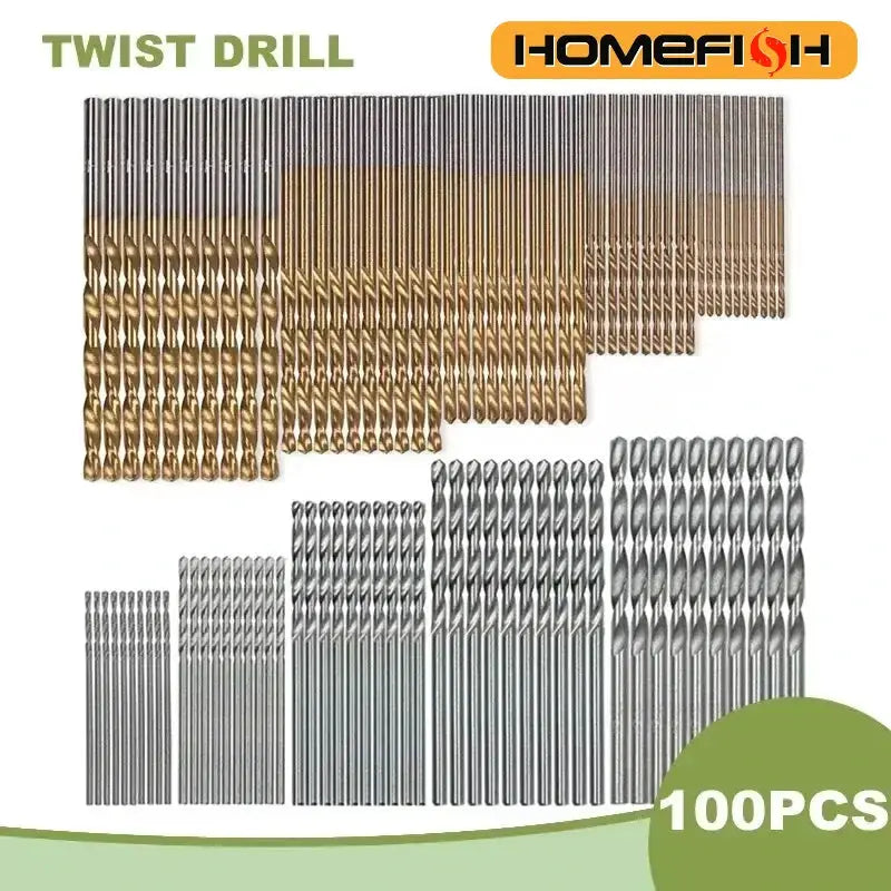 100 Piece Titanium Plated Twist Drill Bit Set 1 To 3mm For Wood And Metal Hand And Electric Drills