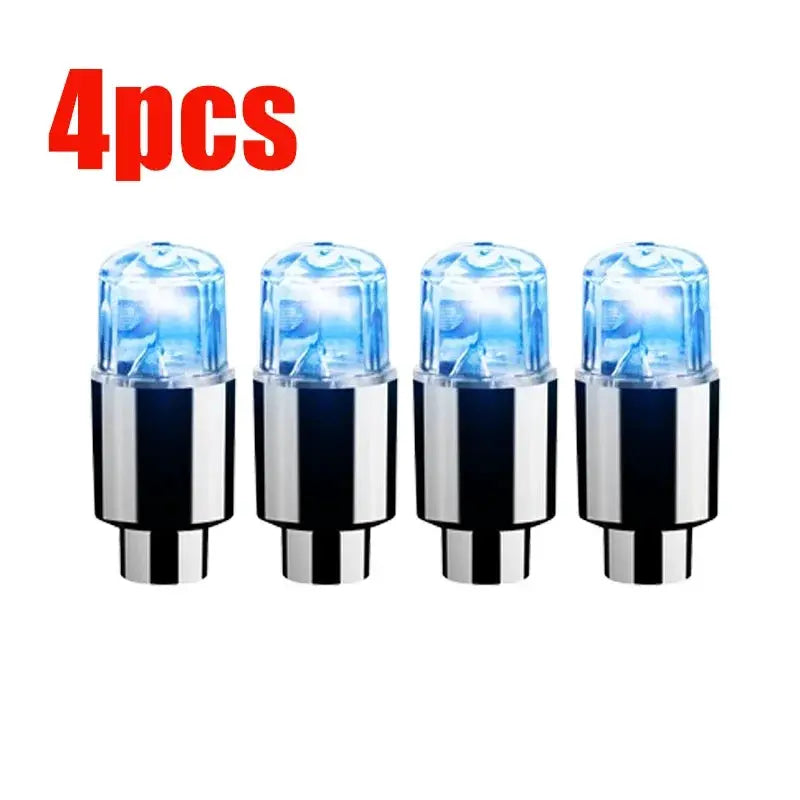 Car tire valve LED lights, 4pcs blue ambient hub lights with chrome bases