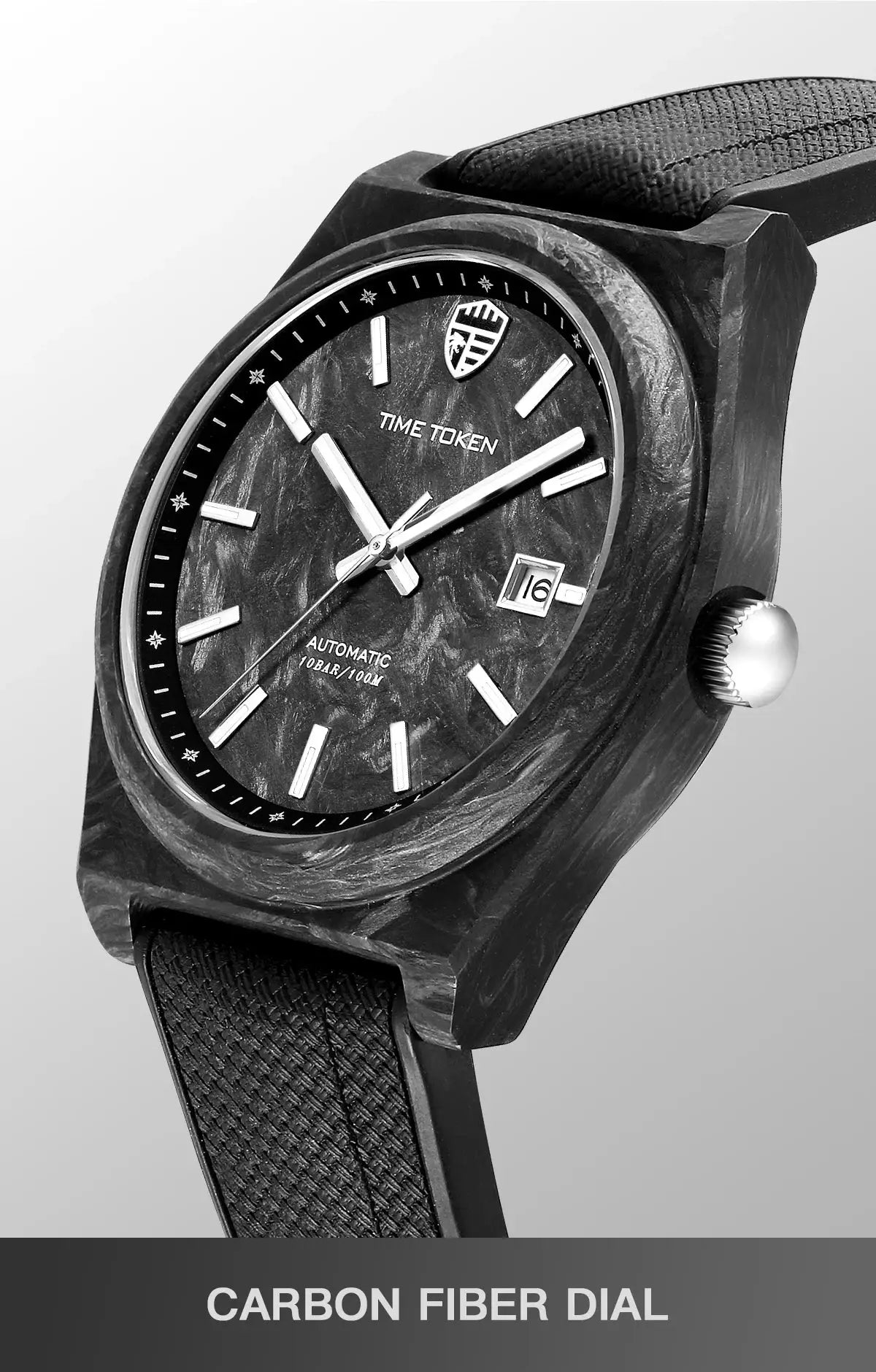 Carbon fiber dial watch, automatic 40mm, Time Token logo, black strap, luminous hands, 100m water resistance