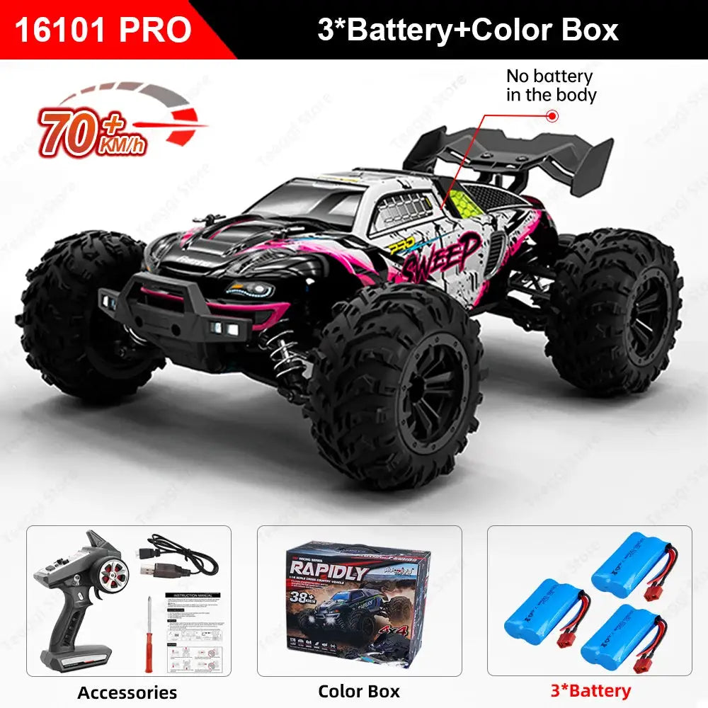 Teeggi 16101 PRO 1:16 high-speed 4WD RC monster truck with pink graphics and LED lights; remote, 3 batteries, color box