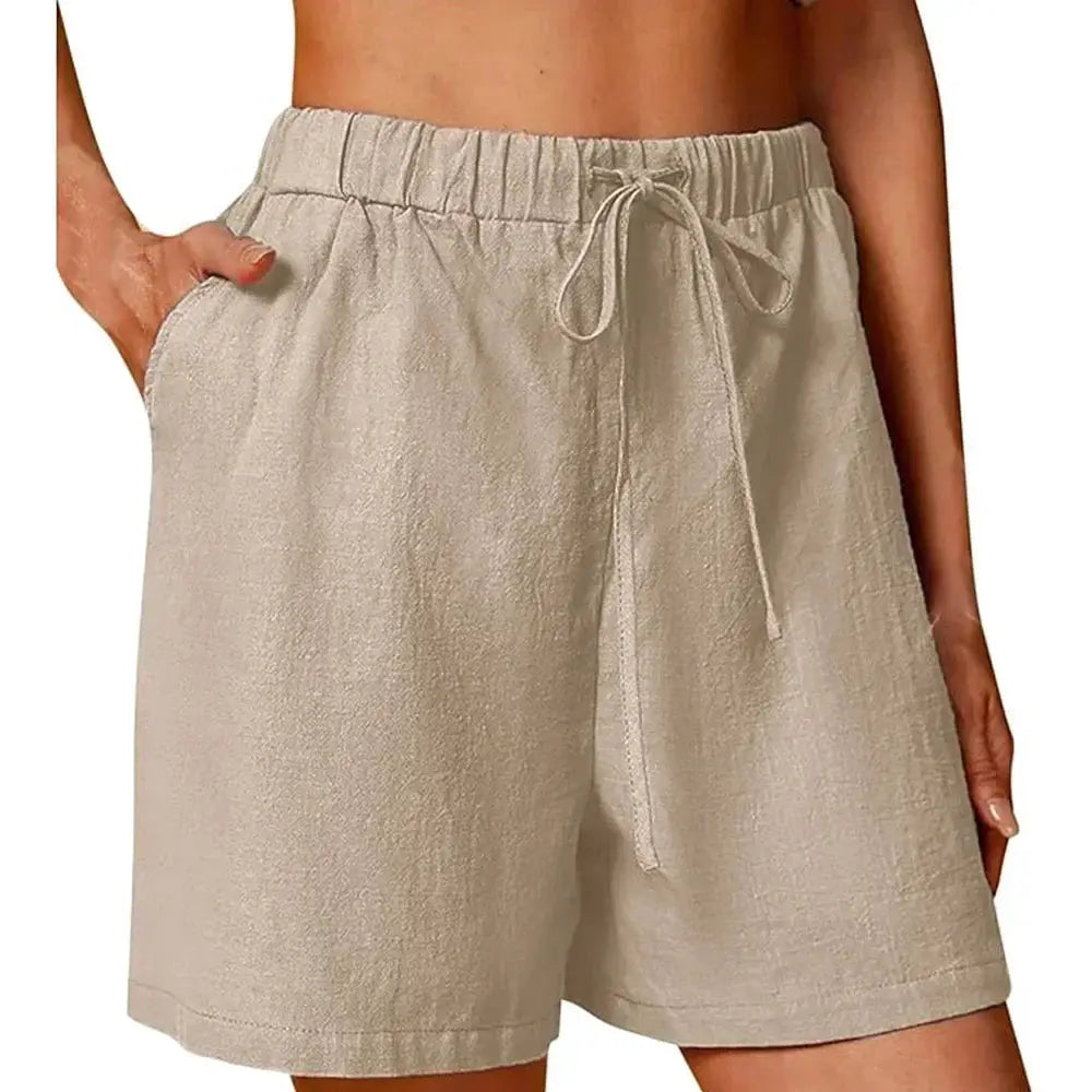 Simples Market women's beige cotton-linen shorts with drawstring waist, loose straight fit and pockets