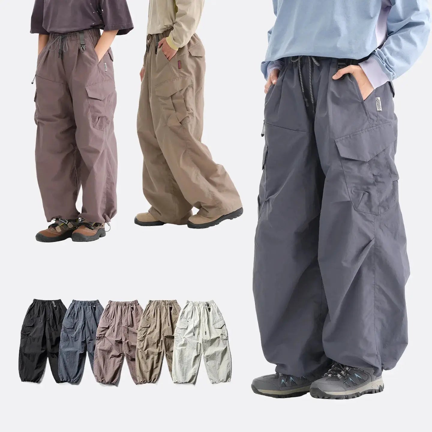 Simples Market Ultra Loose Outdoor Cargo Pants for men and women, waterproof quick-dry techwear, wide-leg, 6 colorways.