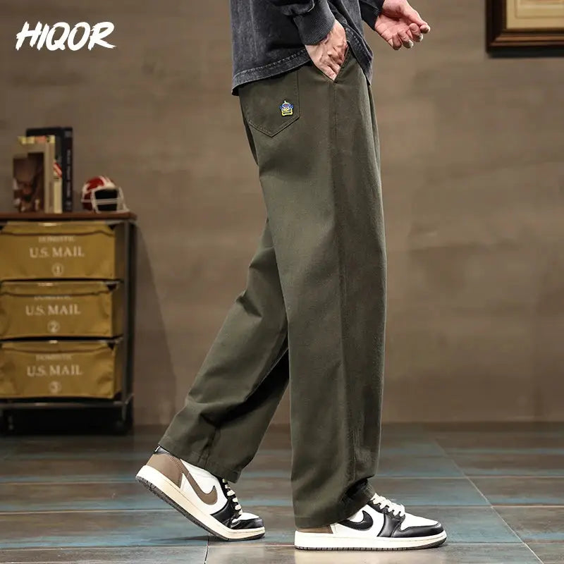 HIQOR men's olive green cargo jogger pants with pocket badge, cotton, loose wide-leg